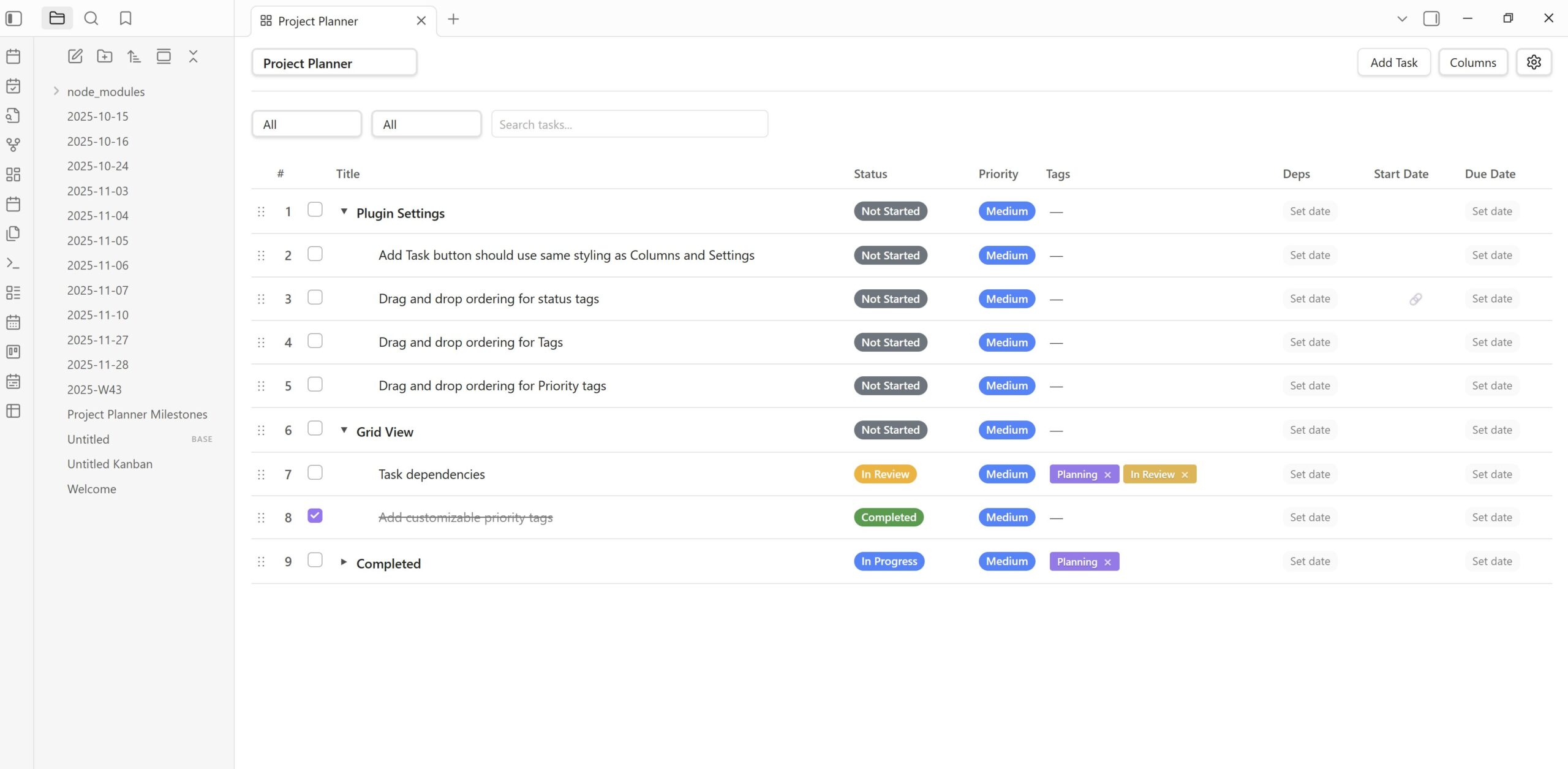 Obsidian Project Planner - Grid View
