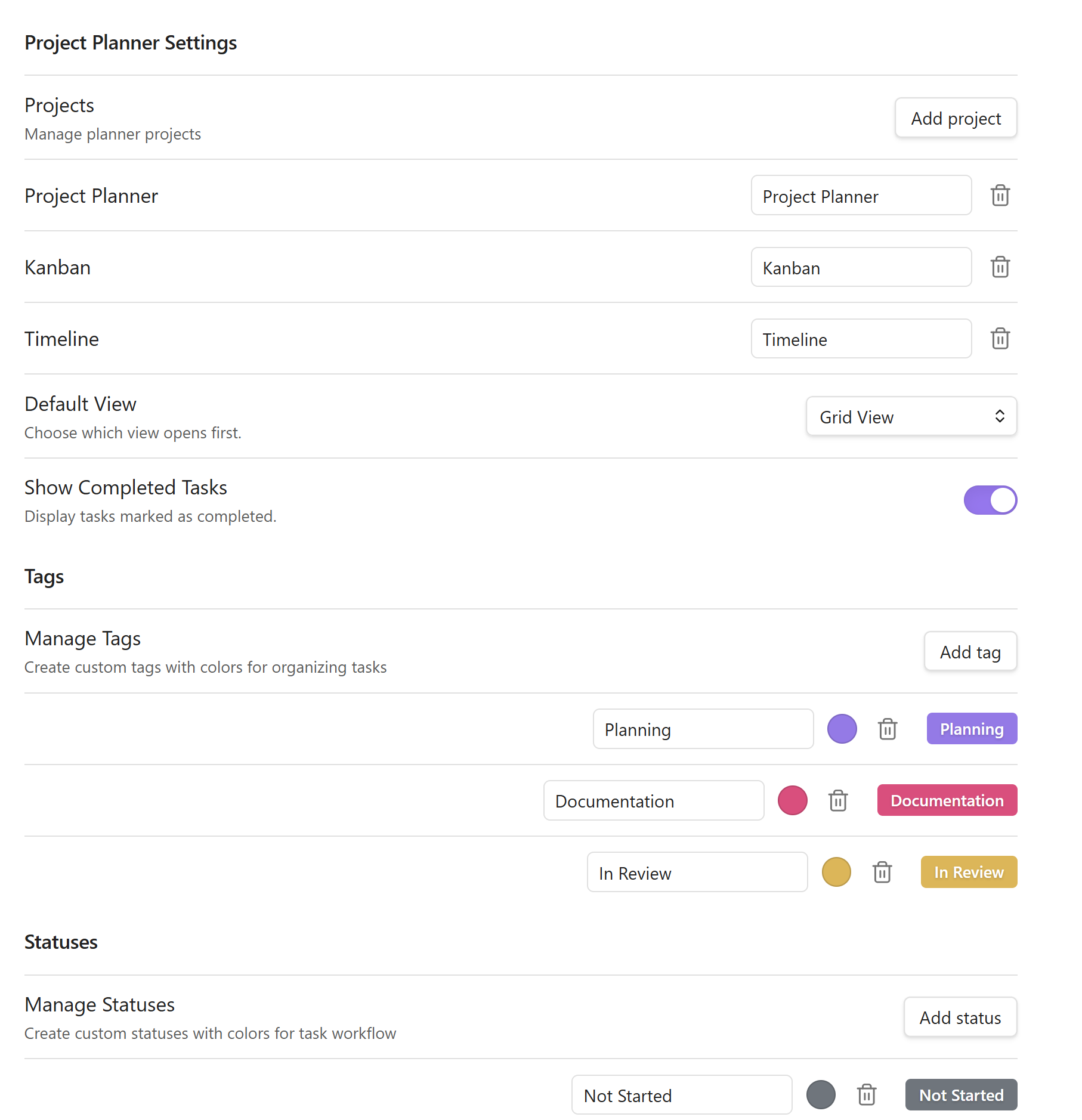 Obsidian Project Planner Plugin Settings